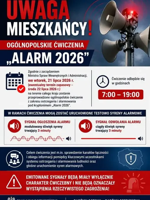Ogólnopolskie ćwiczenia systemu alarmowania „Alarm 2026” – dziś syreny w całym kraju