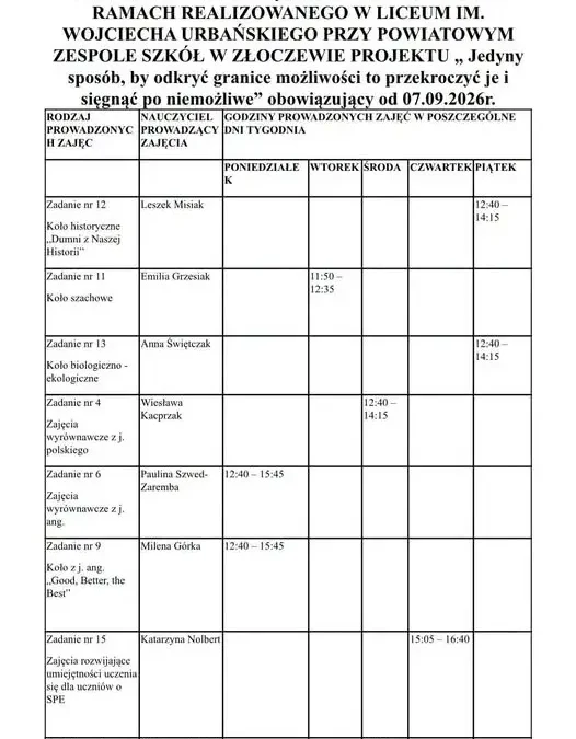 Projekty unijne w Liceum w Złoczewie – harmonogram zajęć od września