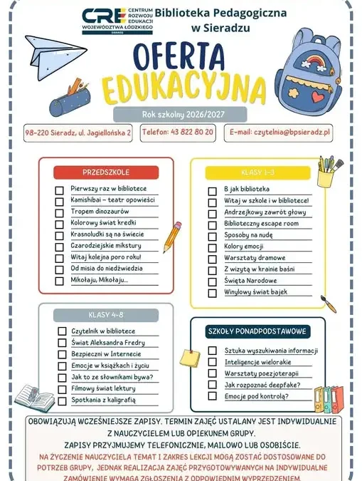 Biblioteka Pedagogiczna w Sieradzu zaprasza na nowy rok szkolny 2026/2027