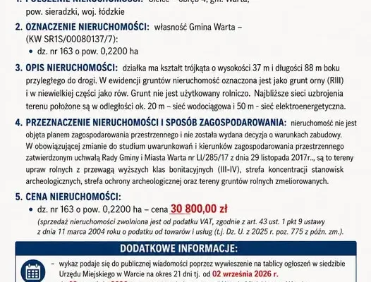 Gmina Warta sprzedaje działkę w Cielcach. Cena wywoławcza 30 800 zł