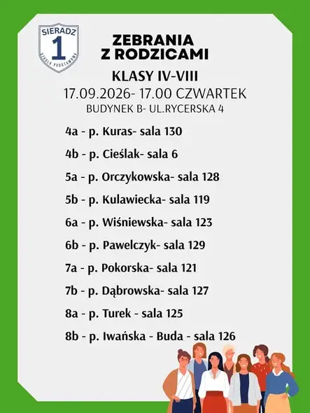 Zebrania z rodzicami w Szkole Podstawowej nr 1 w Sieradzu – harmonogram na wrzesień 2026