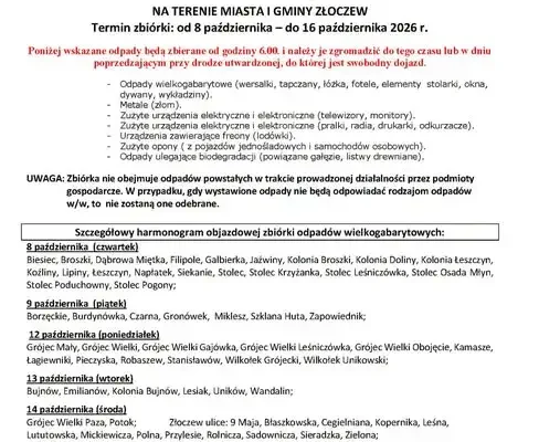 Złoczew: harmonogram objazdowej zbiórki odpadów wielkogabarytowych 2026