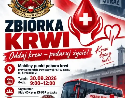 Zbiórka krwi w Łasku – krwiobus przed strażnicą już 30 września