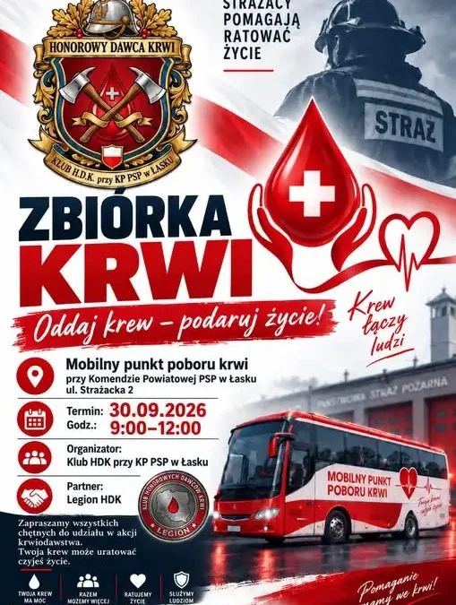 Zbiórka krwi w Łasku – krwiobus przed strażnicą już 30 września