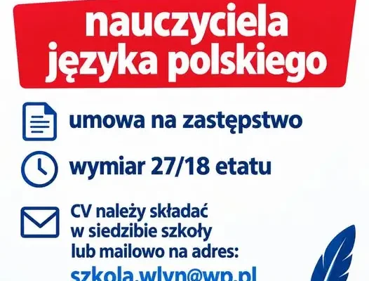 Szkoła Podstawowa we Włyniu szuka nauczyciela języka polskiego